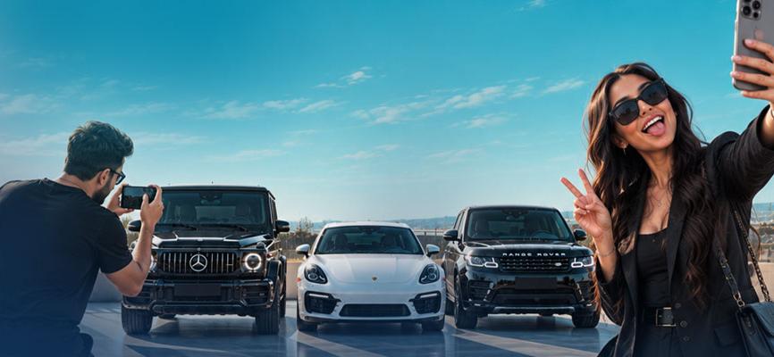 Social media creators with vehicles at M5 Auto